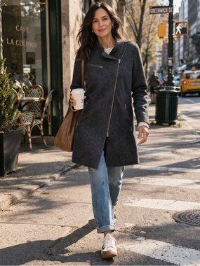 Eileen Fisher Wool Coat Grey Asymmetrical Zip Midi Jacket Size M Contemporary